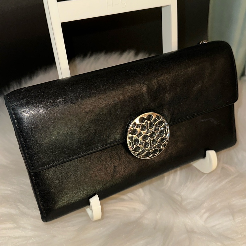 Coach Alexandra Slim Envelope Wallet Black Leather w Signature CC Silver Clasp